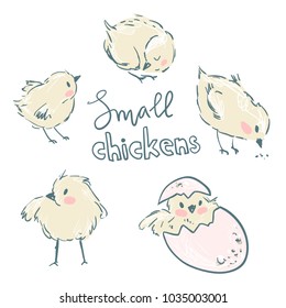 Little yellow chickens. Set of cute characters. Vector illustration.