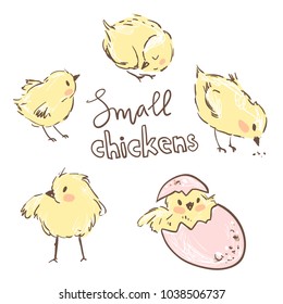Little yellow chickens. Set of cute characters. Vector illustration.