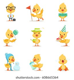 Little Yellow Duck Chick Different Emotions And Situations Set Of Cute Emoji Illustrations