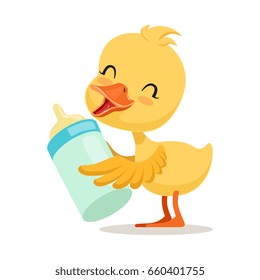 Little yellow duck chick holding a bottle of milk, cute emoji character vector Illustration