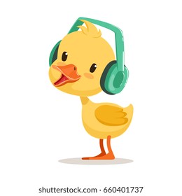 Little yellow duck chick listening to music on headphones, cute emoji character vector Illustration