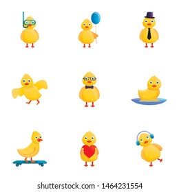 Little yellow duck icon set. Cartoon set of 9 little yellow duck vector icons for web design isolated on white background