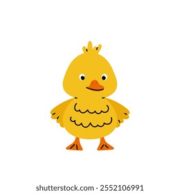 Pequeño patito amarillo. Dibujado a mano diseño de dibujos animados de animales de granja. Adorable ilustración de pato bebé para pegatina, Clipart, educación, Pascua.