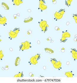 Little yellow ducks with hat on pastel blue background. Seamless pattern vector illustration.