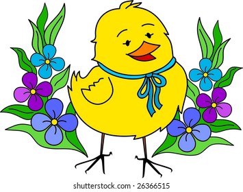 Little yellow Easter chick with flowers