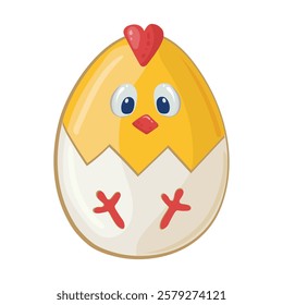 Little yellow Easter chick with red beak sits in white eggshell. Happy Easter holiday gift. Vector drawing of chick in egg for greeting card, stickers, coloring.