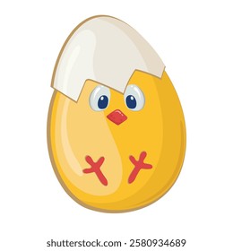 Little yellow Easter chick with red beak with white eggshell on head. Happy Easter gift. Vector drawing of chick with egg for greeting card, stickers, coloring.