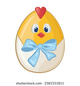 Little yellow Easter chick with red beak and blue bow sits in white eggshell. Happy Easter holiday gift. Vector drawing of chick in egg for greeting card, stickers, coloring.