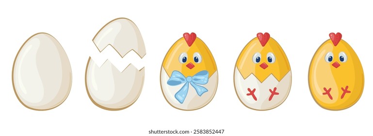 Little yellow Easter chicks sitting in white eggshell and chicks hatching. Happy Easter gift. Vector set of chicks in egg for greeting card, stickers, coloring.