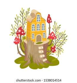 Little yellow house for fairies. Vector illustration on a white background.