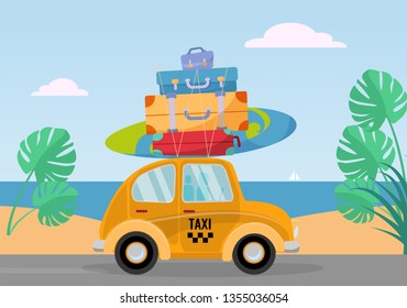 Little yellow retro taxi car rides from the sea with stack of suitcases on roof. Flat cartoon vector illustration. Car side View with surfboard. Southern landscape with sand. Taxi transfer on vacation