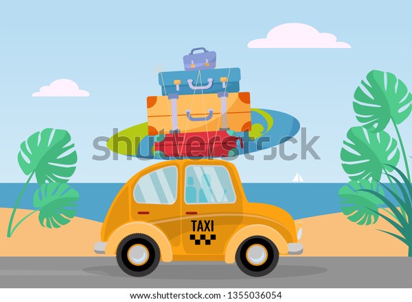 Little yellow retro taxi car rides from the sea\
with stack of suitcases on roof. Flat cartoon vector illustration.\
Car side View with surfboard. Southern landscape with sand. Taxi\
transfer on vacation
