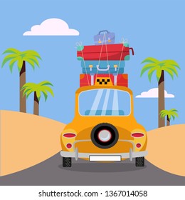 Little yellow taxi car riding to sea coast with stack of suitcases on roof. Flat cartoon vector illustration. Car back View with surfboard. Southern landscape with palms. Taxi transfer on vacation