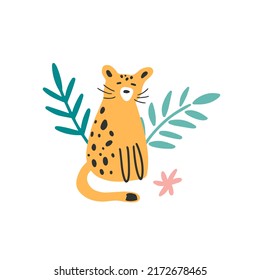 A Little yellow wild cat with pink flower and tropical leaves. Cute animal sitting in jungle plants. Vector graphic for poster, postcard, t shirt design. Childish hand drawn illustration.