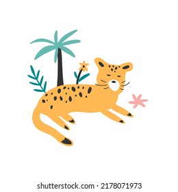 A Little yellow wild cat with pink flower and palm tree. Cute animal lying in jungle forest. Vector graphic for poster, postcard, t shirt design. Childish hand drawn illustration.