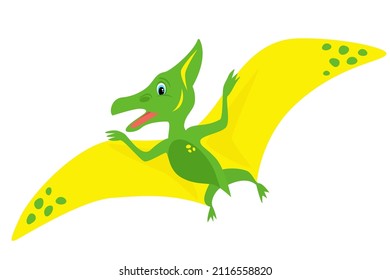 Little yellow-green pterodactyl cub isolated on a white background.