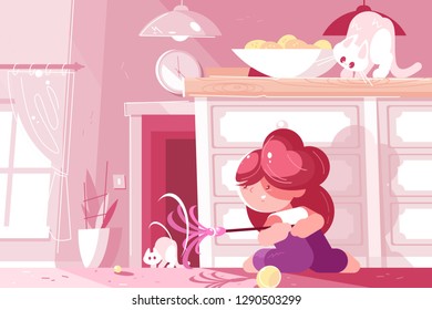 Little young girl playing with cat and having fun. Cute child in cozy apartment vector illustration. Pink room with modern interior. Childhood and pet concept