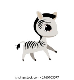 Little zebra cub. Isolated object on a white background. Cheerful kind animal child. Cartoons flat style. Funny. Vector