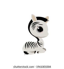Little zebra cub. Isolated object on a white background. Cheerful kind animal child. Cartoons flat style. Funny. Vector