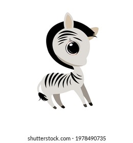 Little zebra cub. Isolated object on a white background. Cheerful kind animal child. Cartoons flat style. Funny. Vector