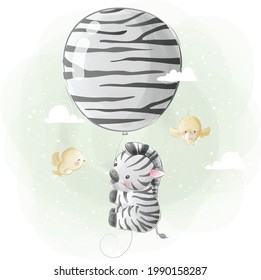 Little Zebra Fliegen mit einem von Tieren gedruckten Ballon