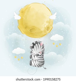 Little Zebra Flying with a Moon Balloon 