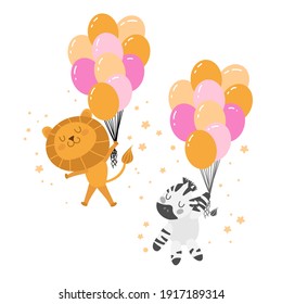 
little zebra and lion with balloons in the sky on the white background