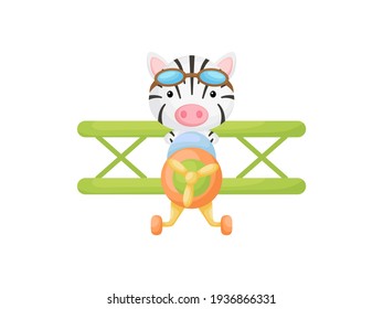 Little zebra wearing aviator goggles flying an airplane. Funny baby character flying on plane for greeting card, baby shower, birthday invitation, house interior. Isolated cartoon vector illustration