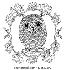 Little zentangle owl in a ranunculus wreath, vector design for adult colouring book, blake and white doodle