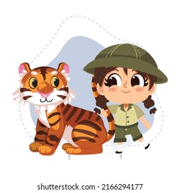 Little Zookeeper Girl With Tiger.vector Cartoon Character Illustration.animal Lover.zoo Concept