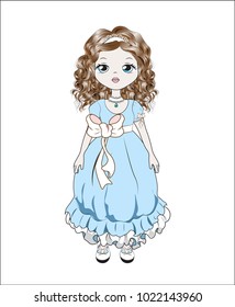 littlle princess, the beautiful little girl, doll in a blue dress