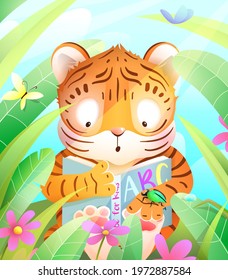 Litttle cute tiger reading a book in the jungle among green leaves and grass. Colorful tiger animal study cartoon for kids and children. Vector in watercolor style.