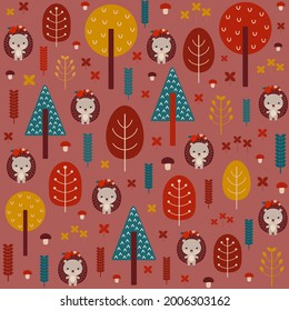 Litttle hedgehog in woodland autumn seamless pattern. Cute children`s vector illustration for textile fabric or paper print. Forest fall theme. Autumnal repeat design. Scandinavian style retro doodle.