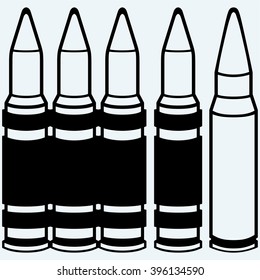 Live ammunition and bullets. Isolated on blue background. Vector silhouettes