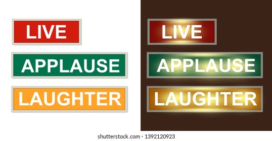 Live. Applause. Laughter. Set Of Vintage Broadcasting Lightboxes Hanging On The Wall. 