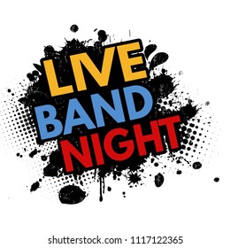 Live band night grunge rubber stamp on white background, vector illustration