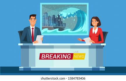 Live breaking news flat illustration. TV studio interior vector illustration. Television news program presenters cartoon characters. Disaster, catastrophe tidings. Broadcast announcing