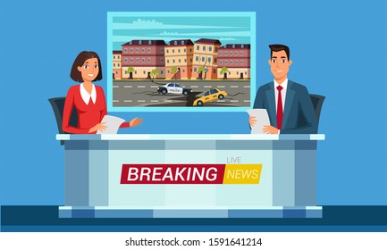 Live breaking news flat illustration. TV studio interior vector illustration. Television news program presenters cartoon characters. Disaster, catastrophe tidings. Broadcast announcing