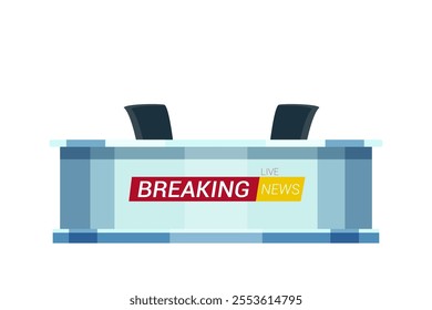 Live breaking news flat vector illustration. TV studio interior. Television news program background.