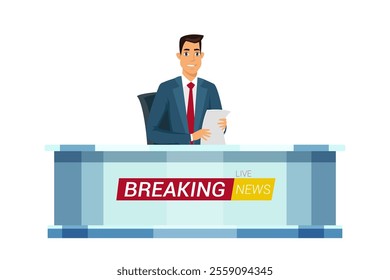 Live breaking news flat vector illustration. Man journalist in TV studio. Television news program presenter cartoon male character. Broadcast announcing.