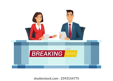 Live breaking news flat vector illustration. TV studio interior. Television news program presenters cartoon characters. Broadcast announcing.