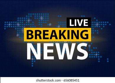 Live Breaking News headline in blue dotted world map background. Vector illustration.