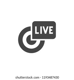 Live broadcast black flat icon. Reportage, stream, webcast concept symbol. Online tv, radio channel emblem. Glyph label. Camera sgin and inscription in bubble. Vector illustration isolated on white