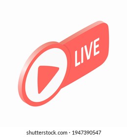 Live broadcast button. Pink isometric button for online broadcasting, play. The concept of blogging, stream, channel. Vector illustration 