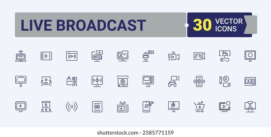 Live Broadcast collection. Includes thin line stream, podcast, social, live, camera, play, record and more. Pixel perfect. Vector icons editable stroke.