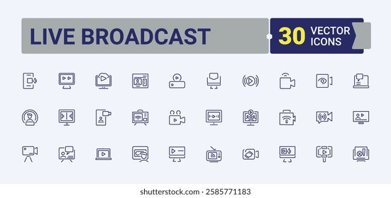 Live Broadcast collection. Includes thin line stream, podcast, social, live, camera, play, record and more. Pixel perfect. Vector icons editable stroke.