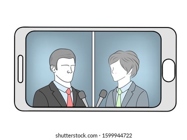 Live broadcast of debates on a mobile phone. choosing the best candidates. political debate. vector illustration.