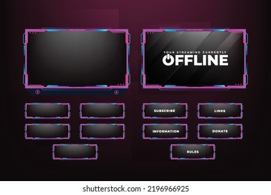 Live broadcast gaming overlay decoration with abstract shapes. Girly live streaming overlay design with buttons and screen panels. Live streaming overlay design with pink and dark colors.