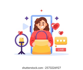 live broadcast host concept. marketing and promotion. Explaining product information and Interacting with viewers. illustration of a woman doing live streaming and offering a product. flat style