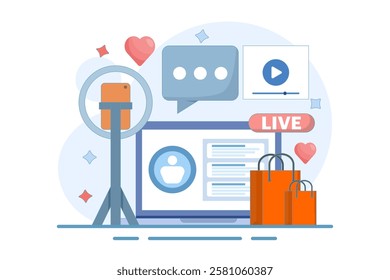 live broadcast host concept. marketing and promotion. explaining product information and interacting with viewers. live streaming and offering products. flat vector illustration on background.